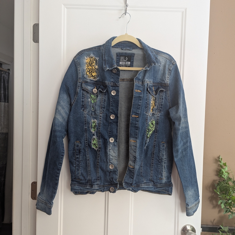 Black Pike Denim Jean Jacket with Embellishments. Size Small. Distressed.
